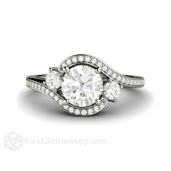 1ct Diamond Engagement Ring 3 Stone Bypass Vintage Style Halo, Rare Earth Jewelry
