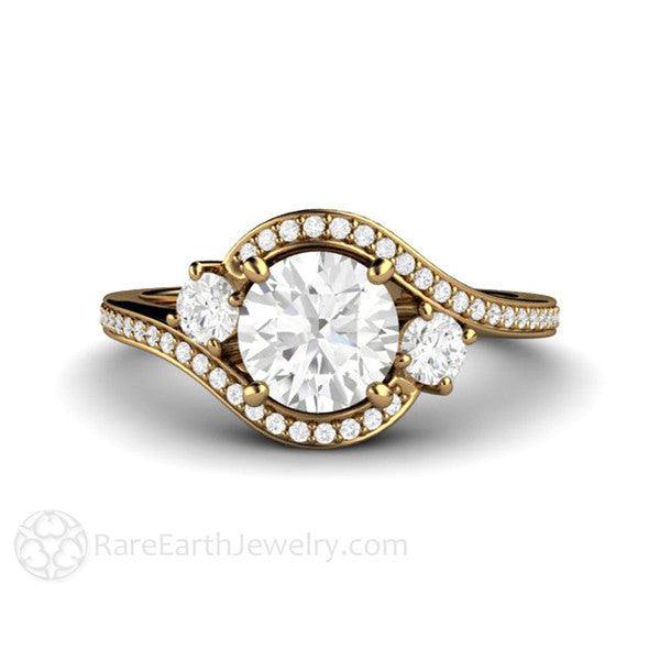 1ct Diamond Engagement Ring 3 Stone Bypass Vintage Style Halo, Rare Earth Jewelry