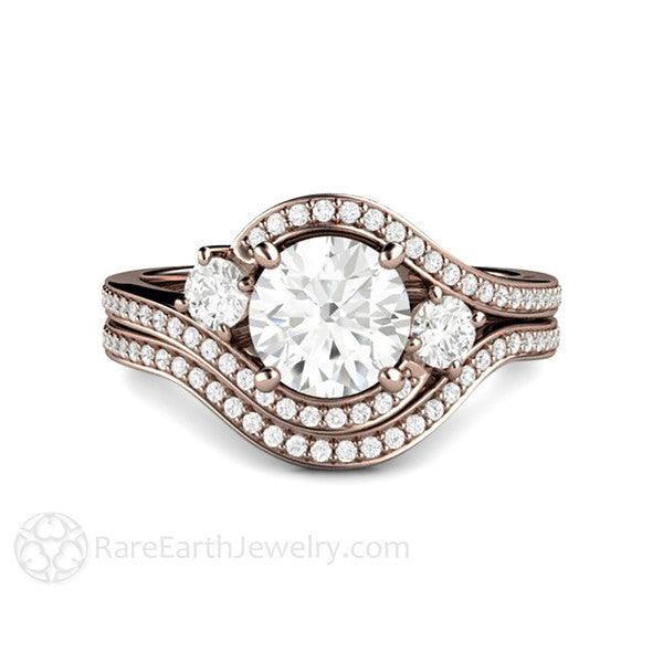 1ct Diamond Engagement Ring 3 Stone Bypass Vintage Style Halo, Rare Earth Jewelry