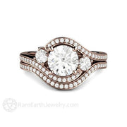 1 Carat Diamond Engagement Ring 3 Stone Bypass Vintage Style Halo 14K Rose Gold - Wedding Set - Rare Earth Jewelry