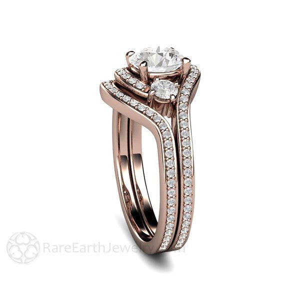 1ct Diamond Engagement Ring 3 Stone Bypass Vintage Style Halo, Rare Earth Jewelry