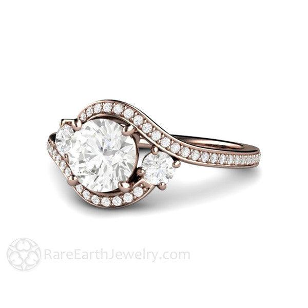 1ct Diamond Engagement Ring 3 Stone Bypass Vintage Style Halo, Rare Earth Jewelry