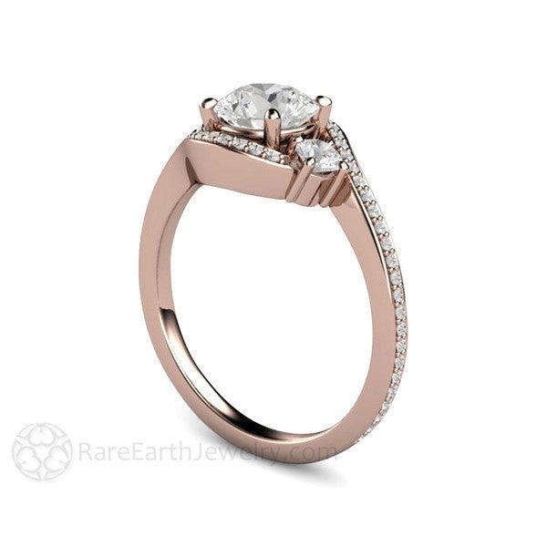 1ct Diamond Engagement Ring 3 Stone Bypass Vintage Style Halo, Rare Earth Jewelry
