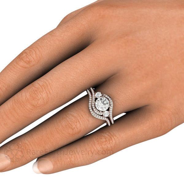1ct Diamond Engagement Ring 3 Stone Bypass Vintage Style Halo, Rare Earth Jewelry