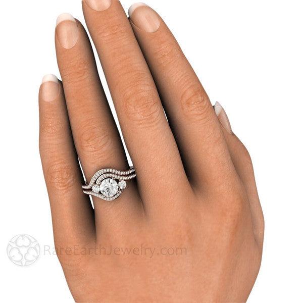1 Carat Diamond Engagement Ring 3 Stone Bypass Vintage Style Halo 14K Rose Gold - Wedding Set - Rare Earth Jewelry
