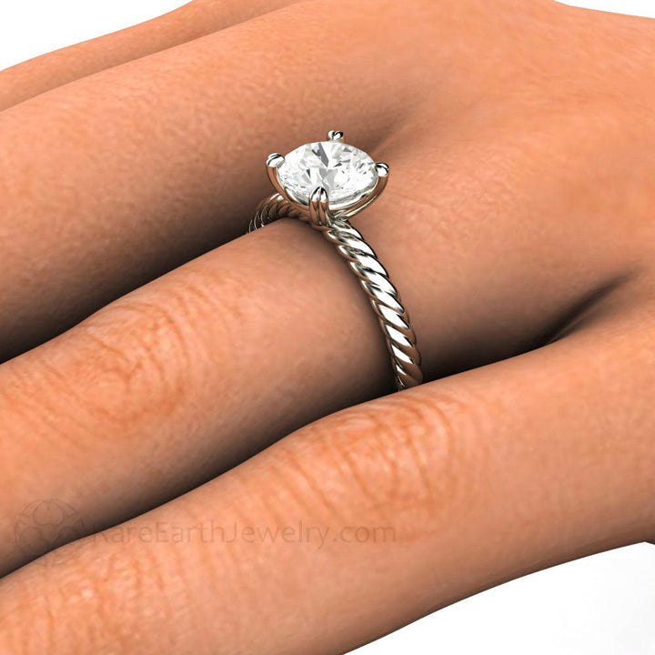 1 Carat Moissanite Solitaire Engagement Ring with Rope Twisted Band - Rare Earth Jewelry