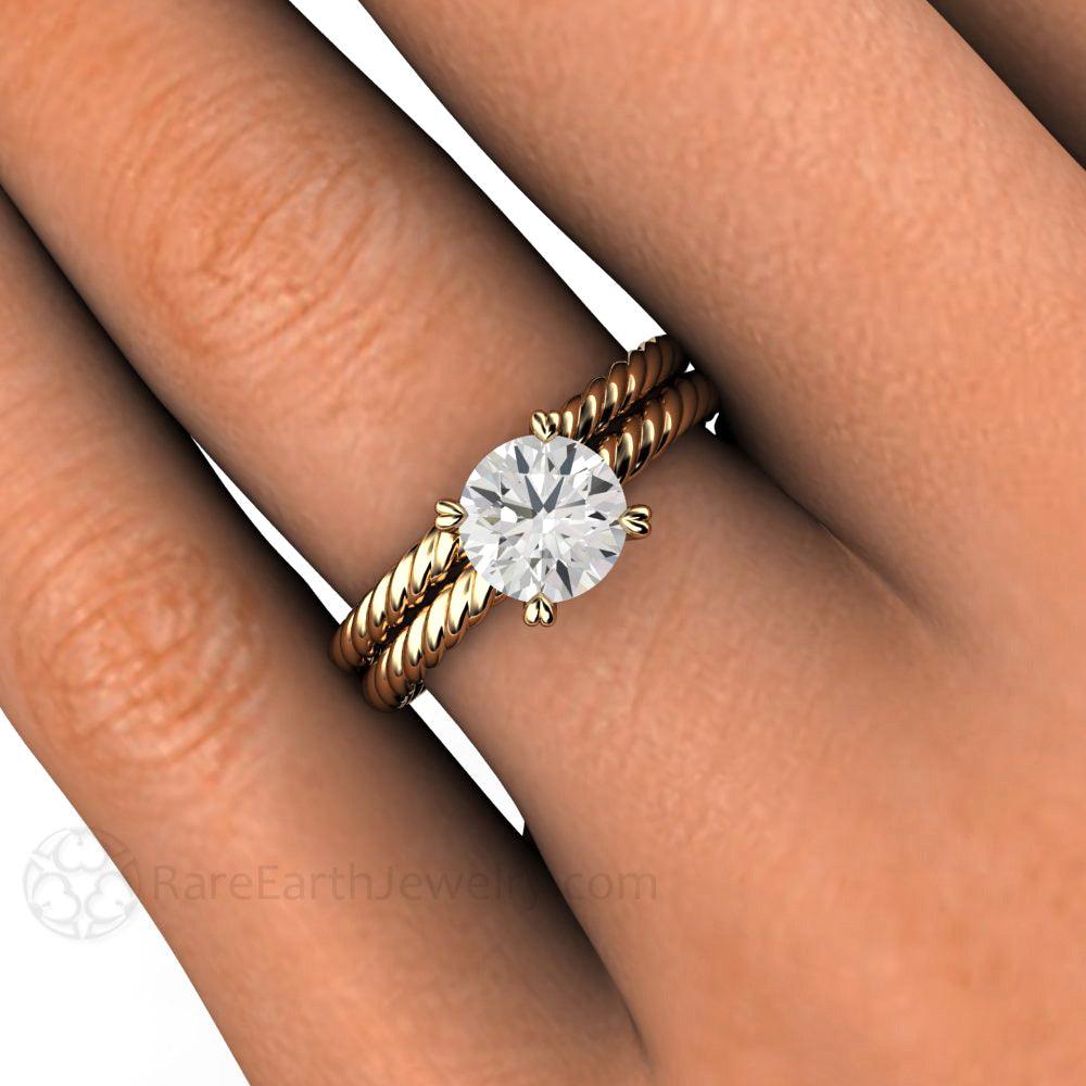 1 Carat Moissanite Solitaire Engagement Ring with Rope Twisted Band - Rare Earth Jewelry