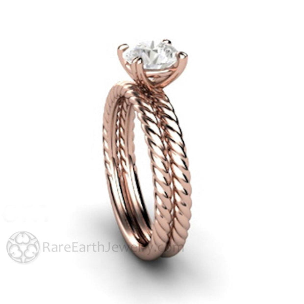 1 Carat Moissanite Solitaire Engagement Ring with Rope Twisted Band 14K Rose Gold - Wedding Set - Rare Earth Jewelry