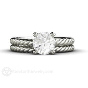 1 Carat Moissanite Solitaire Engagement Ring with Rope Twisted Band 14K White Gold - Wedding Set - Rare Earth Jewelry