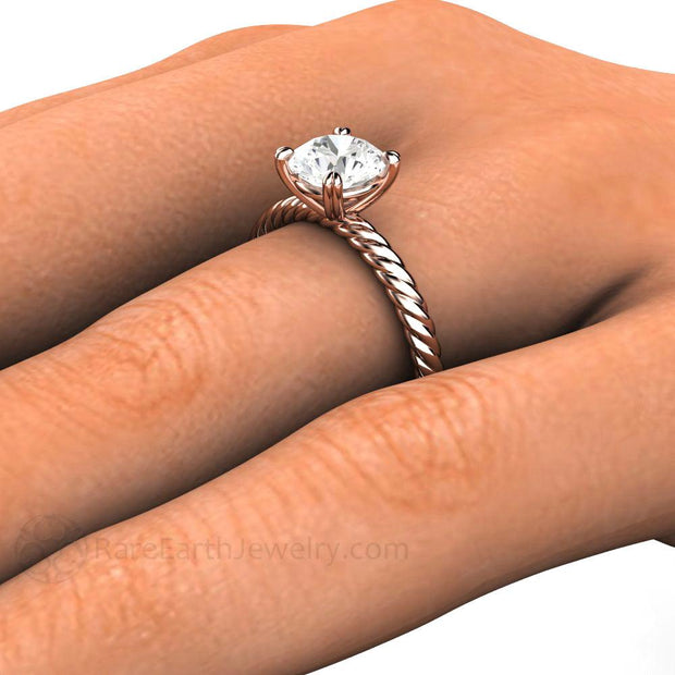 1 Carat Moissanite Solitaire Engagement Ring with Rope Twisted Band 18K Rose Gold - Engagement Only - Rare Earth Jewelry