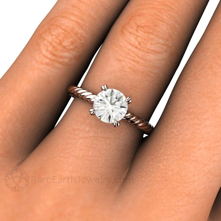 1 Carat Moissanite Solitaire Engagement Ring with Rope Twisted Band - Rare Earth Jewelry