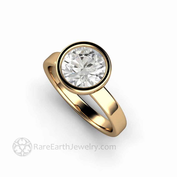 1 Carat Round Moissanite Solitaire Engagement Ring Simple Bezel Setting 14K Yellow Gold - Engagement Only - Rare Earth Jewelry