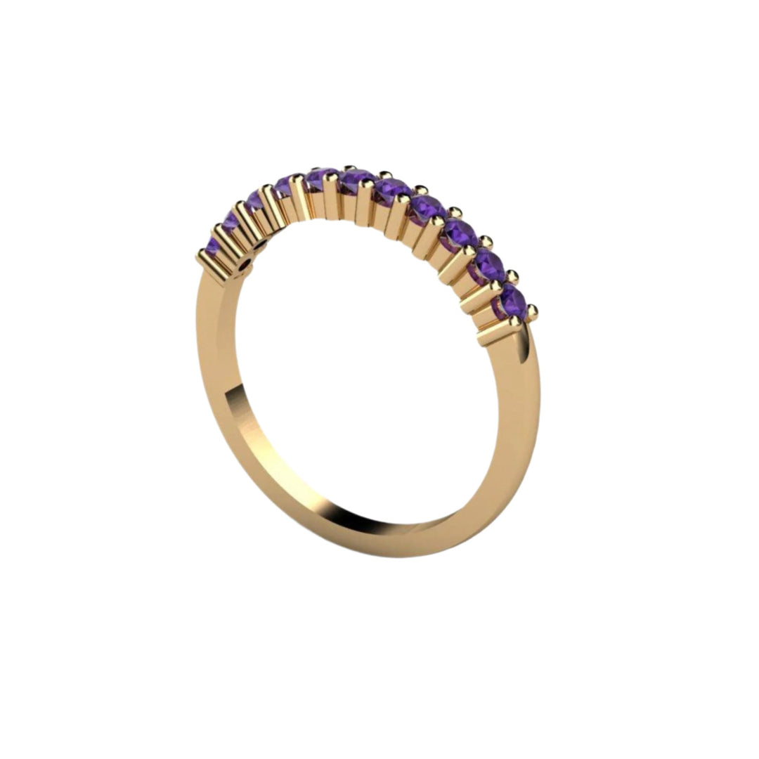 14K Gold Amethyst Anniversary Band or February Birthstone Stacking Ring Side View - Rare Earth Jewelry