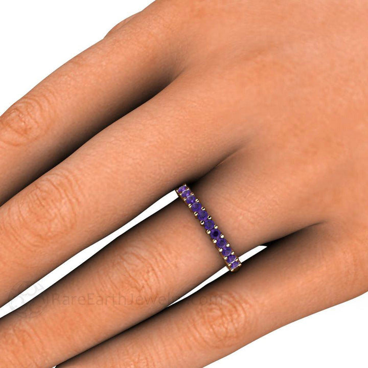 14K Gold Amethyst Anniversary Band on the Hand, February Birthstone Stackable Ring, Natural Amethyst Ring