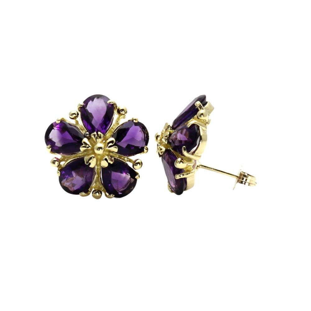 14K Gold Amethyst  Earrings in a Floral Design | February Birthstone Earrings in White, Yellow, or Rose Gold - Rare Earth Jewelry