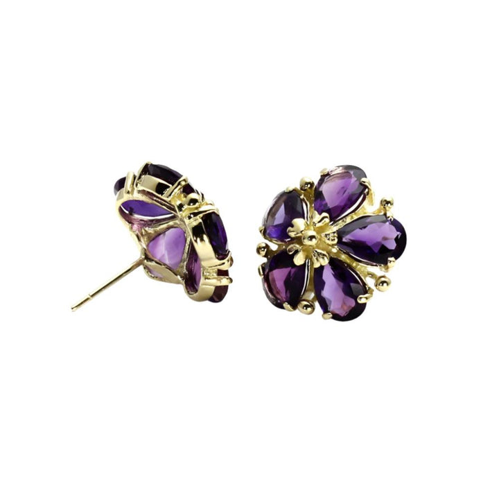 14K Gold Amethyst Flower Earrings | Purple Stone Earrings in Floral Design