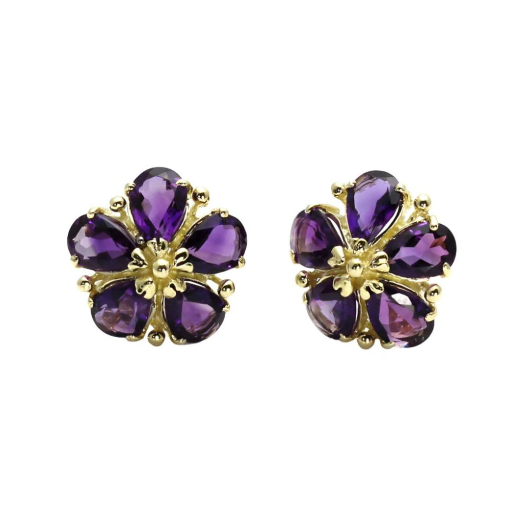 14K Gold Amethyst Earrings Flower Shaped Earrings February Birthstone - Rare Earth Jewelry