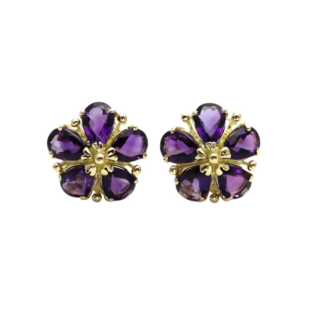 14K Gold Amethyst Earrings Floral Designs February Push Present or Birthday Gift - Rare Earth Jewelry