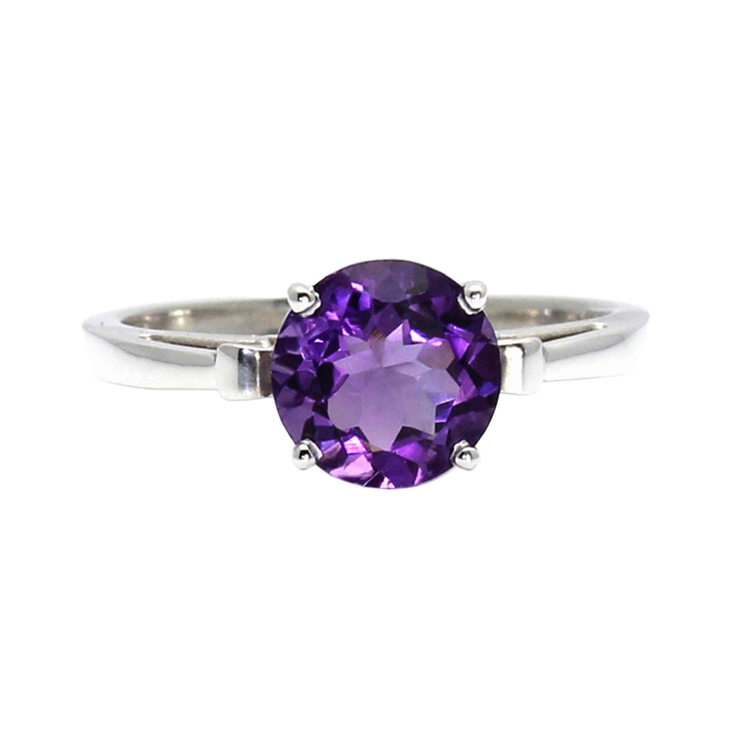 14K Gold Amethyst Ring Fleur de Lis Design, Round Natural Amethyst Ring, February Birthstone Jewelry 