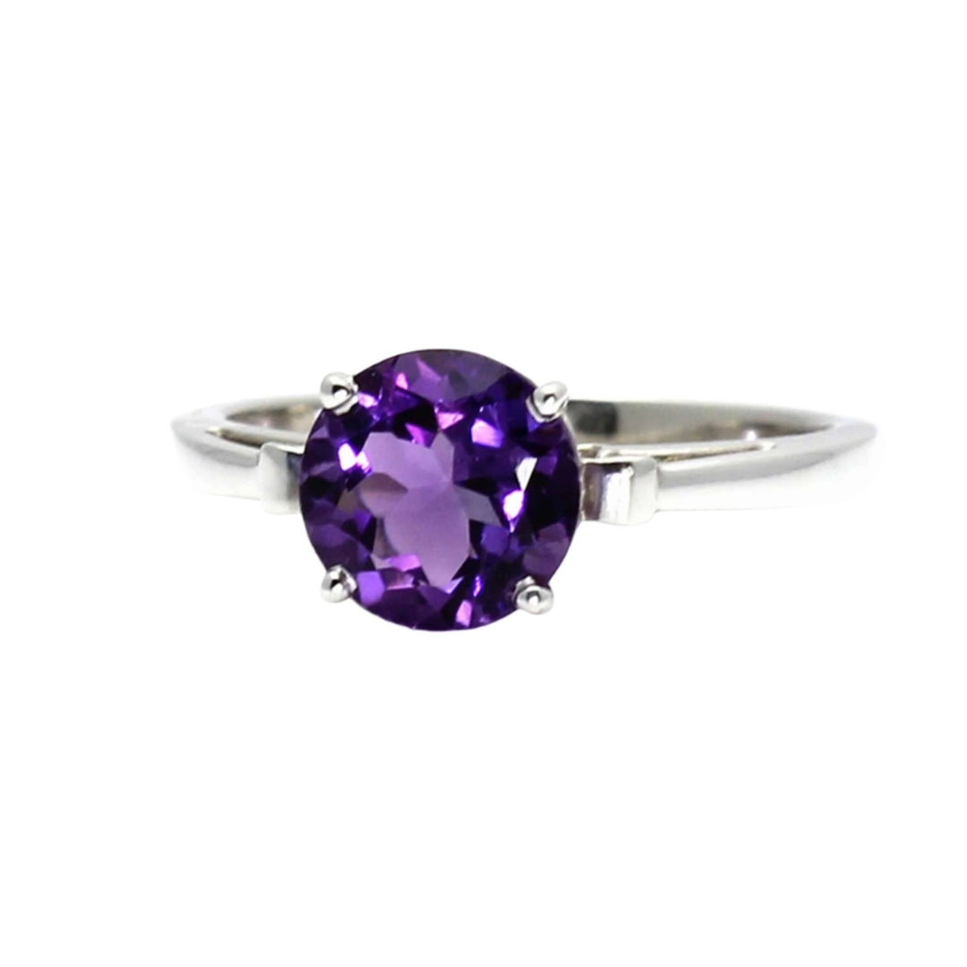 14K Gold Natural Amethyst Ring Fleur de Lis Design, Round Purple Stone Solitaire Ring