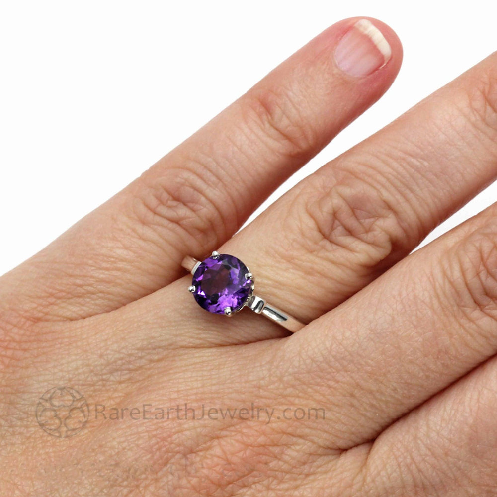 14K Gold Amethyst Fleur de Lis Ring, Round Natural Amethyst Ring shown on the Hand