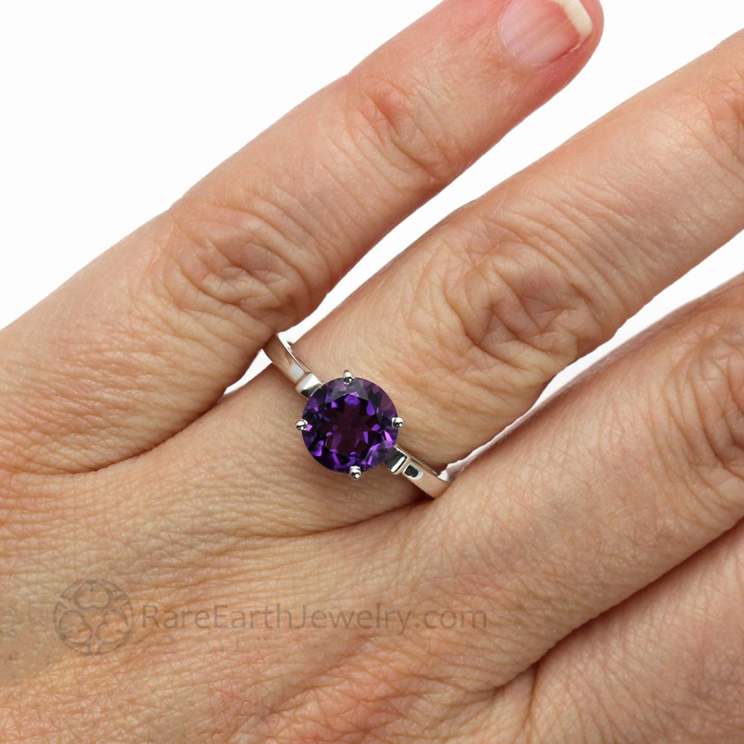 Round Natural Amethyst Ring in solid 14K Gold shown on the Hand, February Birthday Gift or Push Present