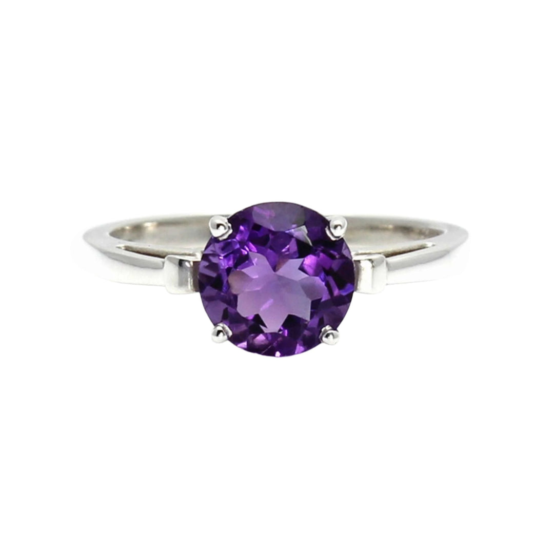 14K Gold Amethyst Ring in a Round Solitaire Setting with a Fleur de lis Design, Purple Gemstone Ring, February Birthstone Jewelry - Rare Earth Jewelry