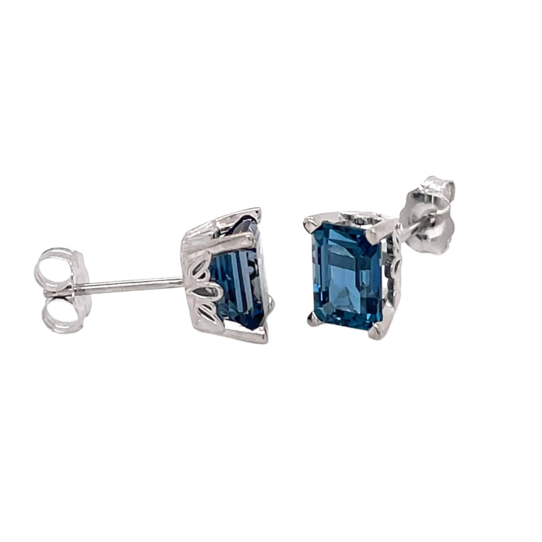 14K Gold December Birthstone Studs, Emerald Cut London Blue Topaz Earrings