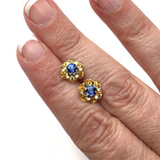 14K Gold Blue Sapphire Earrings with Flower Design 14K Yellow Gold - Rare Earth Jewelry