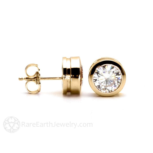 14K Gold Moissanite Studs Round Bezel Set Moissanite Earrings 5mm (1.00ctw) - Rare Earth Jewelry