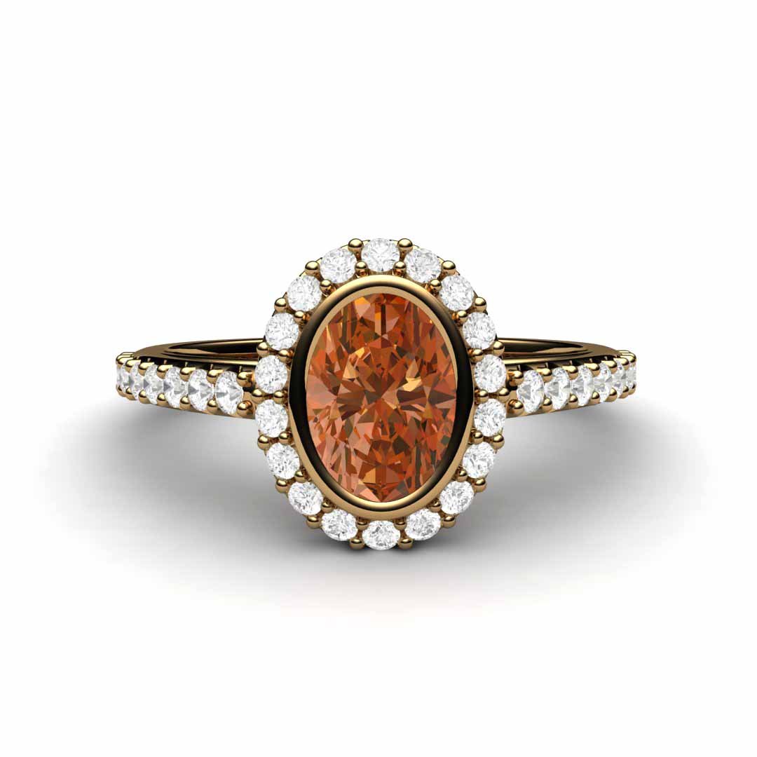 Oval Orange Sapphire Engagement Ring Bezel Set Pave Diamond Halo - Rare Earth Jewelry