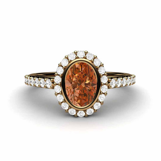 Oval Orange Sapphire Engagement Ring Bezel Set Pave Diamond Halo 18K Yellow Gold - Engagement Only - Rare Earth Jewelry
