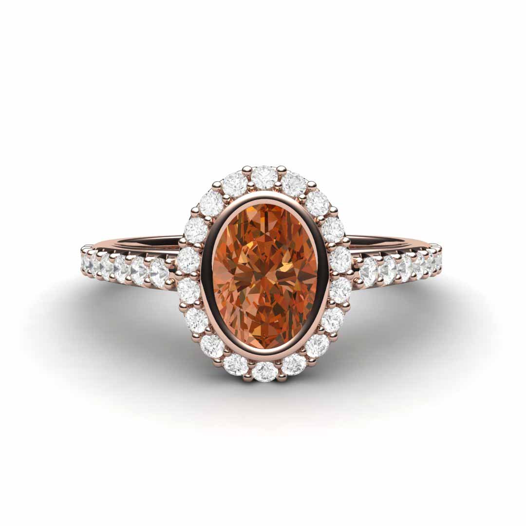 Oval Orange Sapphire Engagement Ring Bezel Set Pave Diamond Halo - Rare Earth Jewelry