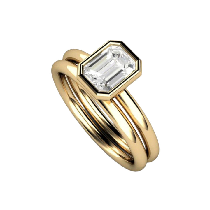 1ct Emerald Cut Natural Diamond Engagement Ring, Modern Minimalist Bezel Set Solitaire and Wedding Band