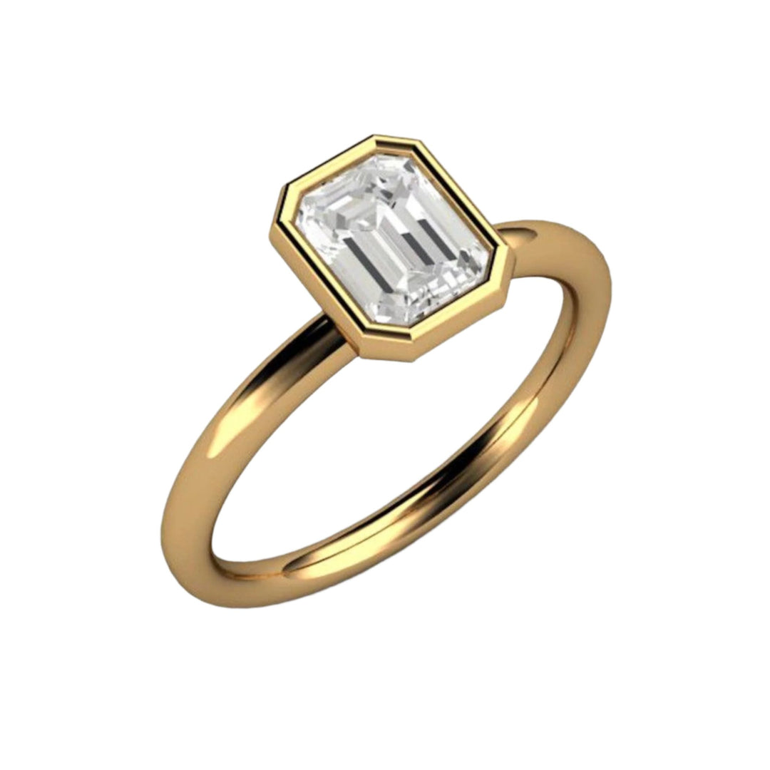 1ct Emerald Cut Diamond Solitaire Engagement Ring, Classic Bezel Setting in 18K Yellow Gold