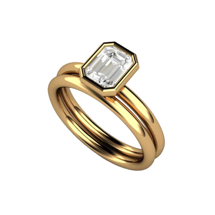 1ct Emerald Cut Diamond Solitaire Engagement Ring, Classic Bezel Set Bridal Set in 18K Yellow Gold