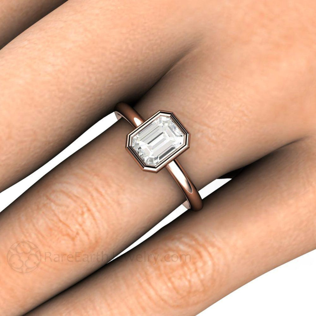 1ct Emerald Cut Diamond Engagement Ring,  Bezel Set Solitaire, Close Up