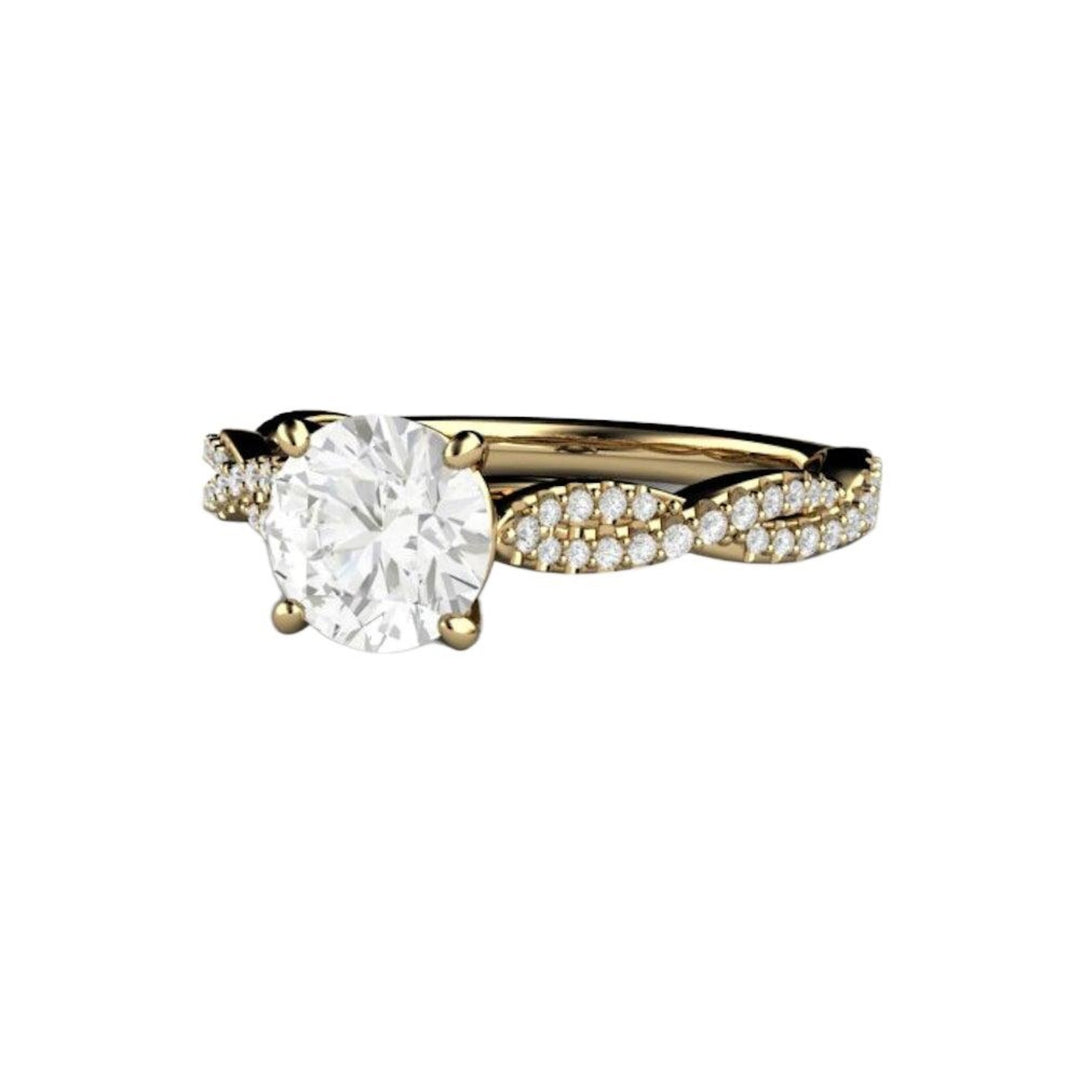 1ct Moissanite Infinity Engagement Ring, Solitaire with Crisscross Band and pave diamonds in Gold or Platinum