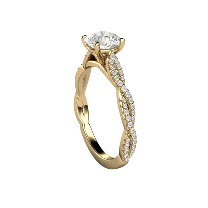 1ct Moissanite Infinity Engagement Ring, Solitaire with Crisscross Band, Side View showing Pave Diamond Infinity Band