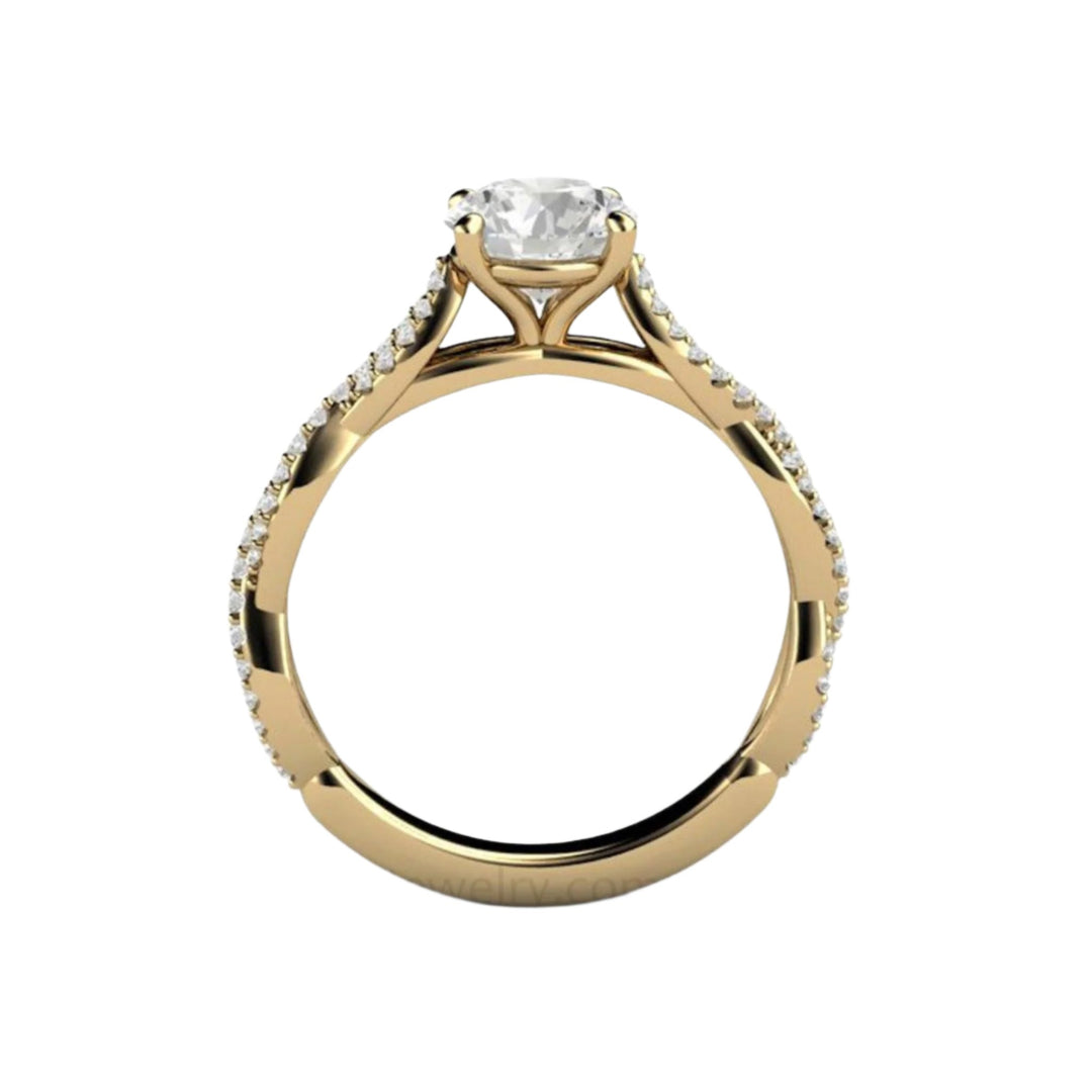 1ct Moissanite Infinity Engagement Ring, Solitaire with Crisscross Band, Profile View showing Cathedral Setting