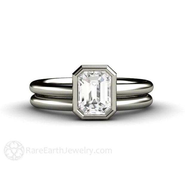 1ct Emerald Cut Bezel Set Diamond Solitaire Engagement Ring 14K White Gold - Wedding Set - Rare Earth Jewelry