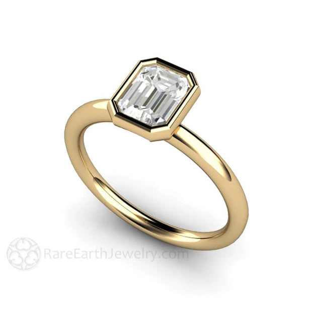 1ct Emerald Cut Bezel Set Diamond Solitaire Engagement Ring - 14K Yellow Gold - Engagement Only - April - Bezel - Diamond - Rare Earth Jewelry