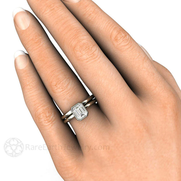 1ct Emerald Cut Bezel Set Diamond Solitaire Engagement Ring 14K White Gold - Wedding Set - Rare Earth Jewelry