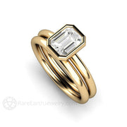 1ct Emerald Cut Bezel Set Diamond Solitaire Engagement Ring 14K Yellow Gold - Wedding Set - Rare Earth Jewelry