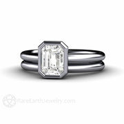 Rare Earth Jewelry Platinum Diamond Solitaire Wedding Set Bezel Setting Emerald Cut