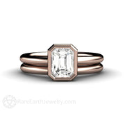 1ct Emerald Cut Bezel Set Diamond Solitaire Engagement Ring 14K Rose Gold - Wedding Set - Rare Earth Jewelry