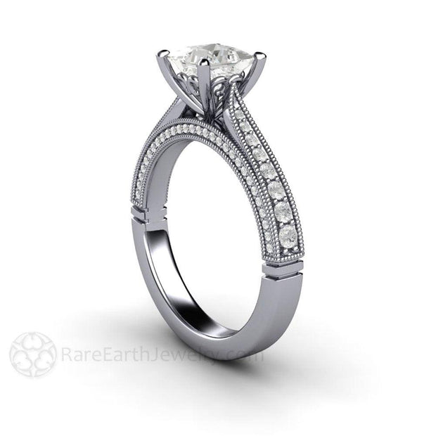 1ct Princess Diamond Engagement Ring Filigree Solitaire with Milgrain Platinum - Rare Earth Jewelry