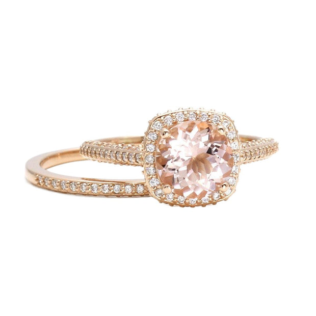 2 Carat Morganite Halo Wedding Set with Pave set Diamond halo cathedral setting in Rose Gold from Rare Earth Jewelry