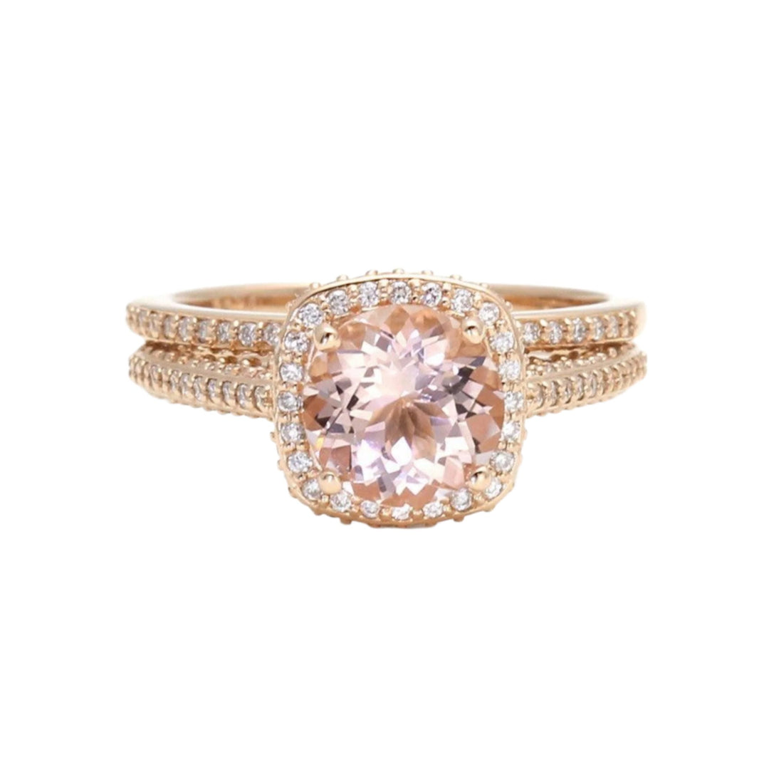 2 Carat Morganite Wedding Set, Diamond Halo Bridal Set, Peach Pink Morganite Ring, Diamond Accents