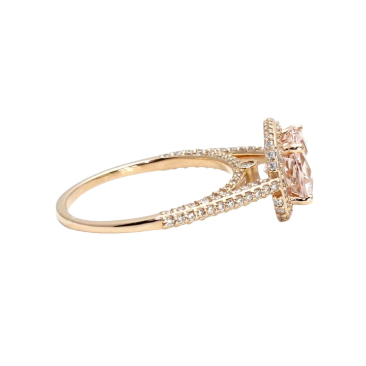 2ct Morganite Halo Engagement Ring, Side View showing Pave Diamond Band